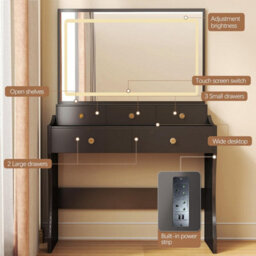 Luckracer Dressing Table With Led Lighting Mirror And Stool, Makeup Vanity Desk With Power Outlet 5 Drawers, Black - thumbnail 6
