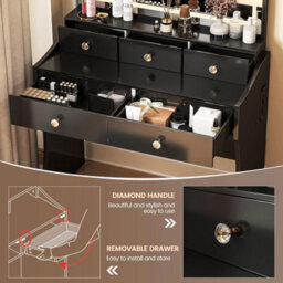 Luckracer Dressing Table With Led Lighting Mirror And Stool, Makeup Vanity Desk With Power Outlet 5 Drawers, Black - thumbnail 5