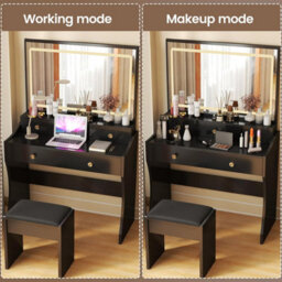 Luckracer Dressing Table With Led Lighting Mirror And Stool, Makeup Vanity Desk With Power Outlet 5 Drawers, Black - thumbnail 8