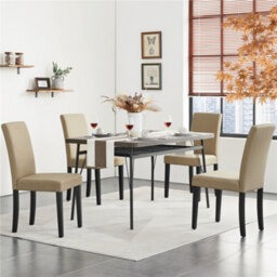 Yaheetech 4Pcs Khaki Fabric Upholstered Dining Chairs With Solid Wood Legs