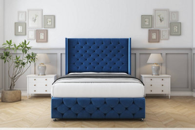 "Sloomy Luthor Navy Plush Divan Bed Set No Drawers - 54"" Wingback & 12"" Footboard 4' Small Double" - image 1