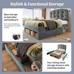 Abrihome Grey Velvet Single Bed With Storage Drawers & Adjustable Headboard, 90X190Cm - thumbnail 3