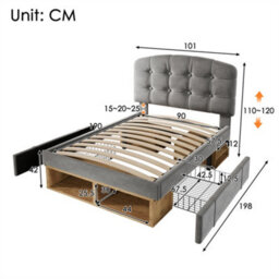 Abrihome Grey Velvet Single Bed With Storage Drawers & Adjustable Headboard, 90X190Cm - thumbnail 5