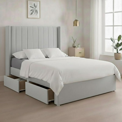 Luxury Silver Plush Milan Super King Size Bed Frame With Mattress 54 Inches Wingback Headboard 2 Footend Storage Drawers