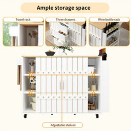 Abrihome White Kitchen Trolley With Wood Grain Top, Spice Rack, Towel Rail & Castors - thumbnail 3