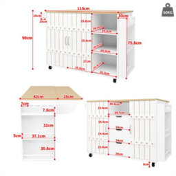 Abrihome White Kitchen Trolley With Wood Grain Top, Spice Rack, Towel Rail & Castors - thumbnail 6