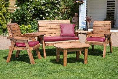 Charles Taylor Wooden Garden 4 Seater Multi Chair Bench Set & Table Red Cushion - image 1