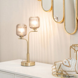 Valuelights Amelie Gold 2 Way Table Lamp With Smoked Ribbed Glass Shades