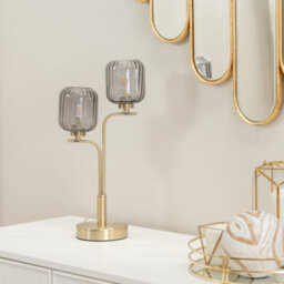 Valuelights Amelie Gold 2 Way Table Lamp With Smoked Ribbed Glass Shades - thumbnail 4