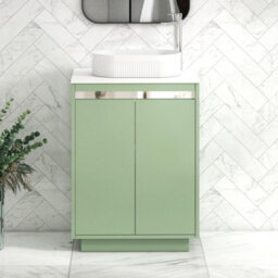 Royal Bathrooms Orion 600mm Mint Sage Floor Standing Plain White Countertop Vanity Unit 2 Door With Lyon Basin & Chrome Accent Trim - thumbnail 1