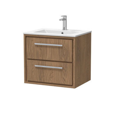 Hudson Reed Lille Wall Hung Two Drawer Contemporary Vanity Unit With 1 Tap Hole Basin In Antique Oak, 610 X 557mm - image 1