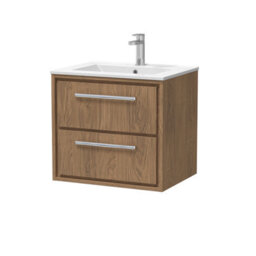 Hudson Reed Lille Wall Hung Two Drawer Contemporary Vanity Unit With 1 Tap Hole Basin In Antique Oak, 610 X 557mm - thumbnail 1