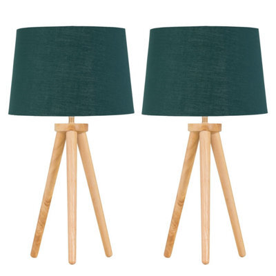 First Choice Lighting Set Of 2 Light Oak Table Lamp Or Bedside Lights With Green Gold Shades - image 1