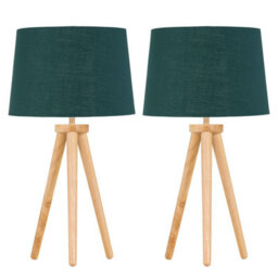 First Choice Lighting Set Of 2 Light Oak Table Lamp Or Bedside Lights With Green Gold Shades