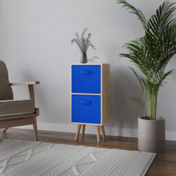 Urbn-Living Urbnliving 54Cm Height Oak Wooden 2 Tier Storage Bookcase Beech Legs Bedroom Dark Blue Inserts
