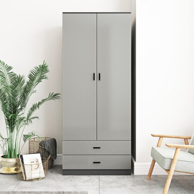 Urbn-Living Urbnliving Height 180Cm Glossy Black Carcass & Grey Drawers Tall 2 Door Wardrobe Bedroom Storage Hanging Rail Modern Furniture - image 1