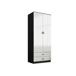 Urbn-Living Urbnliving Height 180Cm Glossy Black Carcass & Grey Drawers Tall 2 Door Wardrobe Bedroom Storage Hanging Rail Modern Furniture - thumbnail 4
