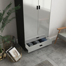 Urbn-Living Urbnliving Height 180Cm Glossy Black Carcass & Grey Drawers Tall 2 Door Wardrobe Bedroom Storage Hanging Rail Modern Furniture - thumbnail 2