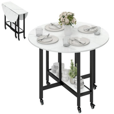 Folding Dining Table, Drop Leaf Table With Open Shelf, White Marble - image 1