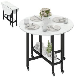 Folding Dining Table, Drop Leaf Table With Open Shelf, White Marble - thumbnail 1