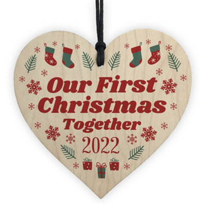 Red Ocean First Christmas Together Boyfriend And Girlfriend Hanging Wooden Heart Bauble Tree Decoration - image 1