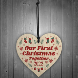 Red Ocean First Christmas Together Boyfriend And Girlfriend Hanging Wooden Heart Bauble Tree Decoration - thumbnail 2