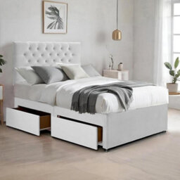 White Plush 3Ft Single Bed With Matttress  2 Storage Drawers And 20 Inch Chesterfield Headboard - thumbnail 1