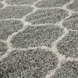 The Rugs Moroccan Shaggy Rugs And Runners Soft Fluffy Trellis Design High Pile Grey And Ivory  Living Room Kitchen Hallway 610 - thumbnail 3