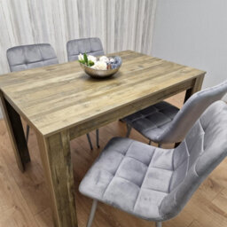 Kosy Koala Dining Table And 4 Chairs Set - Rustic Effect Wood Table With 4 Grey Velvet Chairs Dining Set - thumbnail 5
