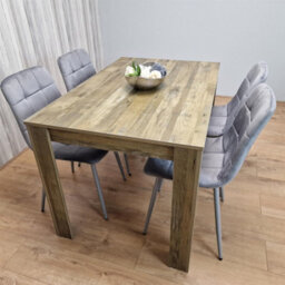 Kosy Koala Dining Table And 4 Chairs Set - Rustic Effect Wood Table With 4 Grey Velvet Chairs Dining Set