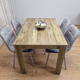 Kosy Koala Dining Table And 4 Chairs Set - Rustic Effect Wood Table With 4 Grey Velvet Chairs Dining Set - thumbnail 2