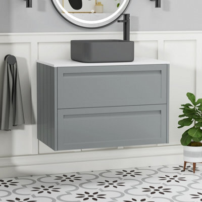 Royal Bathrooms Royal Bathroom Elmore 800mm Pebble Grey Wall Mounted Bathroom Vanity Unit 2 Drawer Plain White Worktop With Art Square Basin - image 1