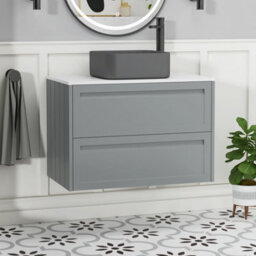 Royal Bathrooms Royal Bathroom Elmore 800mm Pebble Grey Wall Mounted Bathroom Vanity Unit 2 Drawer Plain White Worktop With Art Square Basin - thumbnail 1