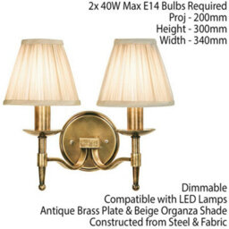 Avery Luxury Twin Arm Wall Light Traditional Antique Brass & Beige Pleat Shade - thumbnail 2