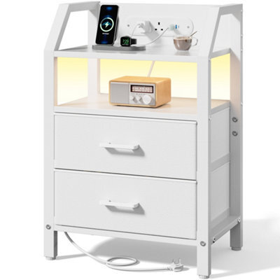 Led Bedside Table With Charging Station & 2 Fabric Drawers, Modern Bedside Cabinet For Living Room And Bedroom, White - image 1
