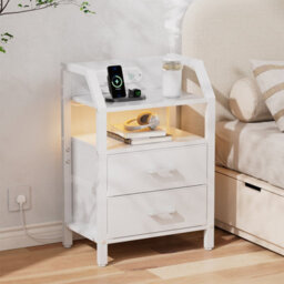 Led Bedside Table With Charging Station & 2 Fabric Drawers, Modern Bedside Cabinet For Living Room And Bedroom, White - thumbnail 2