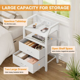 Led Bedside Table With Charging Station & 2 Fabric Drawers, Modern Bedside Cabinet For Living Room And Bedroom, White - thumbnail 7