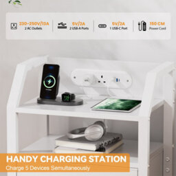 Led Bedside Table With Charging Station & 2 Fabric Drawers, Modern Bedside Cabinet For Living Room And Bedroom, White - thumbnail 4