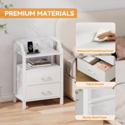 Led Bedside Table With Charging Station & 2 Fabric Drawers, Modern Bedside Cabinet For Living Room And Bedroom, White - thumbnail 5