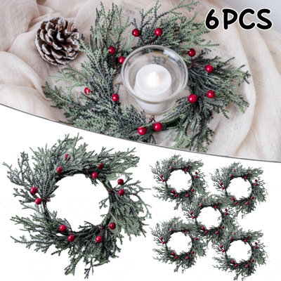 Amorly 6Pcs Snowy Pine Needle Red Berry Candle Ring Wreaths, Artificial Mini Christmas Wreaths, Ornaments For Table Decorations - image 1