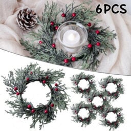 Amorly 6Pcs Snowy Pine Needle Red Berry Candle Ring Wreaths, Artificial Mini Christmas Wreaths, Ornaments For Table Decorations - thumbnail 1
