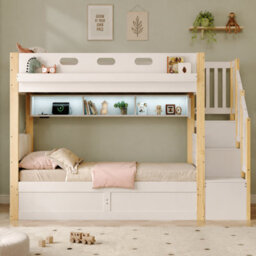 Merax 3Ft Children's Bunk Bed 90X190 Cm, Wooden Loft Bed With Hydraulic Storage, Led, Storage Stairs & Usb, White - thumbnail 2