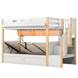 Merax 3Ft Children's Bunk Bed 90X190 Cm, Wooden Loft Bed With Hydraulic Storage, Led, Storage Stairs & Usb, White - thumbnail 8