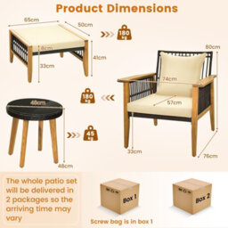 Costway 5 Piece Patio Furniture Set Garden Wicker Woven Chair Set W/ Coffee Table & 2 Ottomans - thumbnail 3