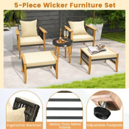 Costway 5 Piece Patio Furniture Set Garden Wicker Woven Chair Set W/ Coffee Table & 2 Ottomans - thumbnail 8