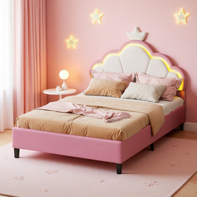 3Ft Single Bed Frame With Led Cloud Adjustable Headboard, Upholstered Bed Frame With Slat Support, Crown Beds, Velvet, Pink - image 1