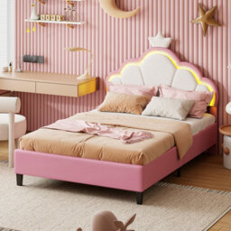 3Ft Single Bed Frame With Led Cloud Adjustable Headboard, Upholstered Bed Frame With Slat Support, Crown Beds, Velvet, Pink - thumbnail 3