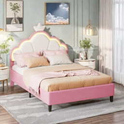 3Ft Single Bed Frame With Led Cloud Adjustable Headboard, Upholstered Bed Frame With Slat Support, Crown Beds, Velvet, Pink - thumbnail 6