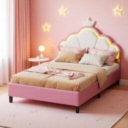 3Ft Single Bed Frame With Led Cloud Adjustable Headboard, Upholstered Bed Frame With Slat Support, Crown Beds, Velvet, Pink - thumbnail 1