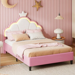3Ft Single Bed Frame With Led Cloud Adjustable Headboard, Upholstered Bed Frame With Slat Support, Crown Beds, Velvet, Pink - thumbnail 5